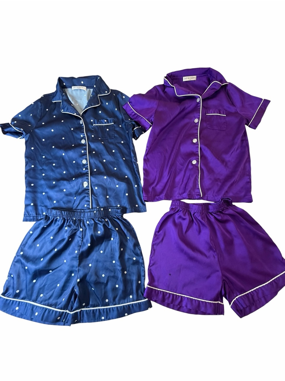Girls’ Satin Short Pajama Set - Navy Polka Dot & Purple